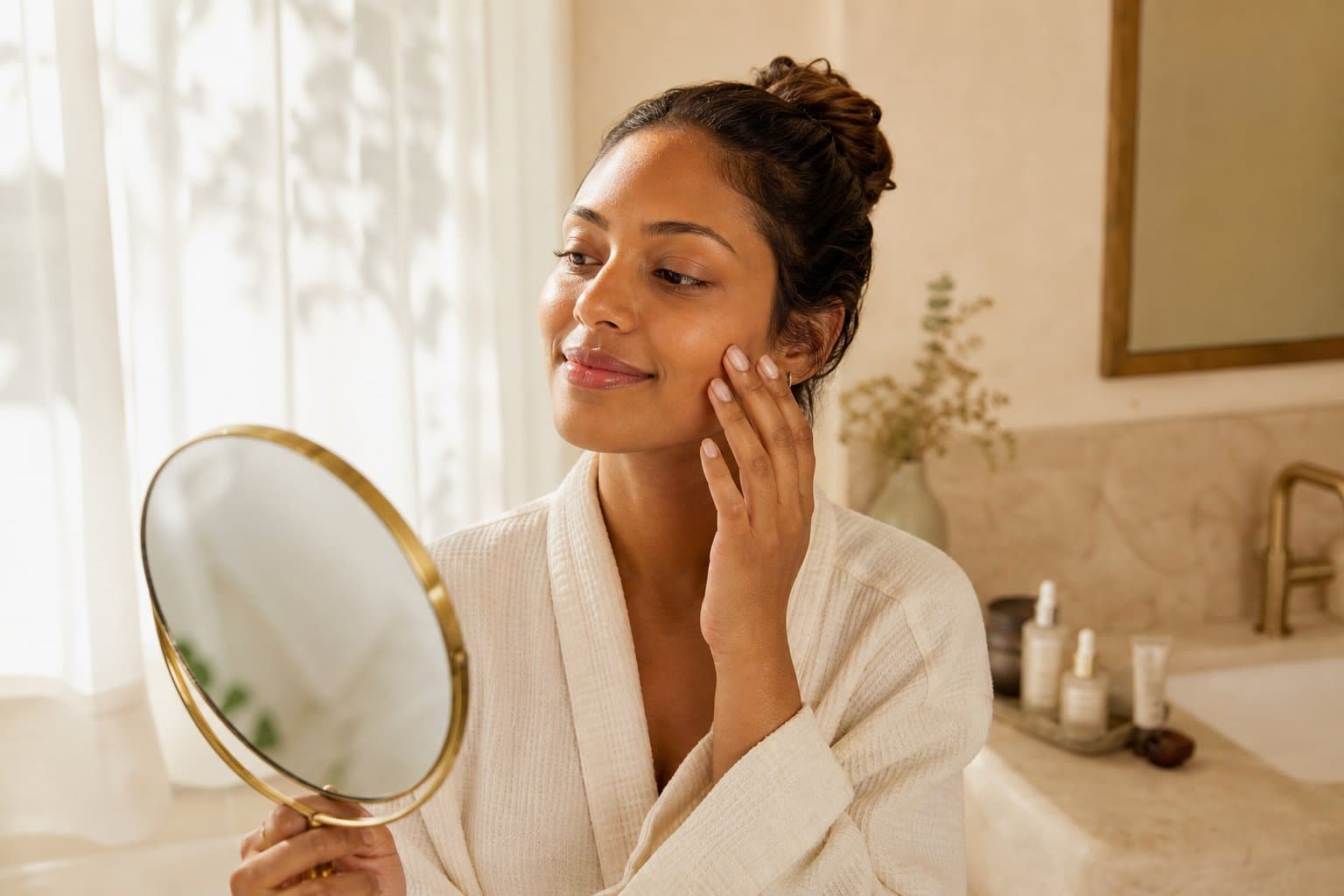 Woman studying her skin in a warmly lit mirror