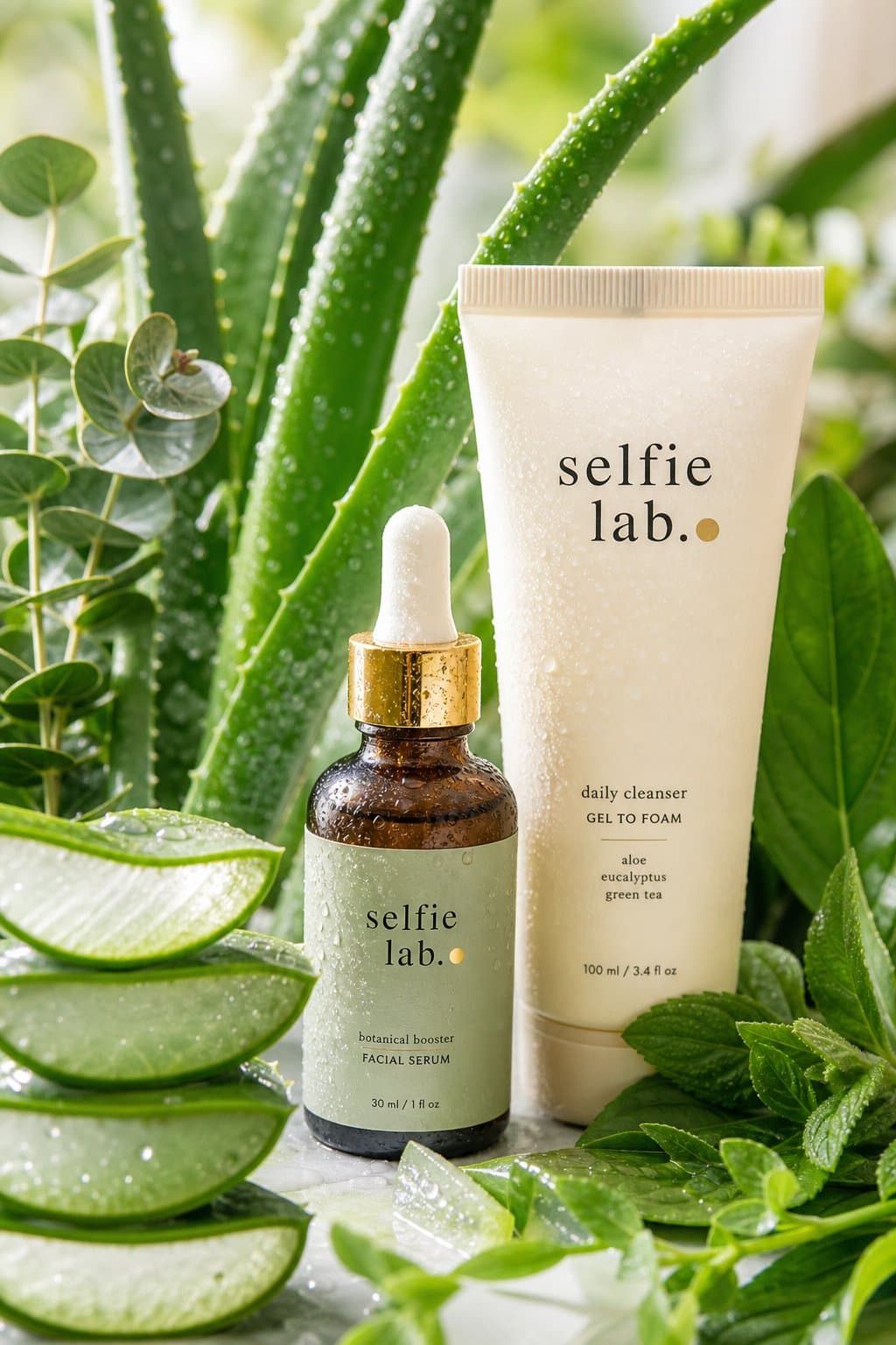 Selfie Lab products among fresh aloe and botanicals