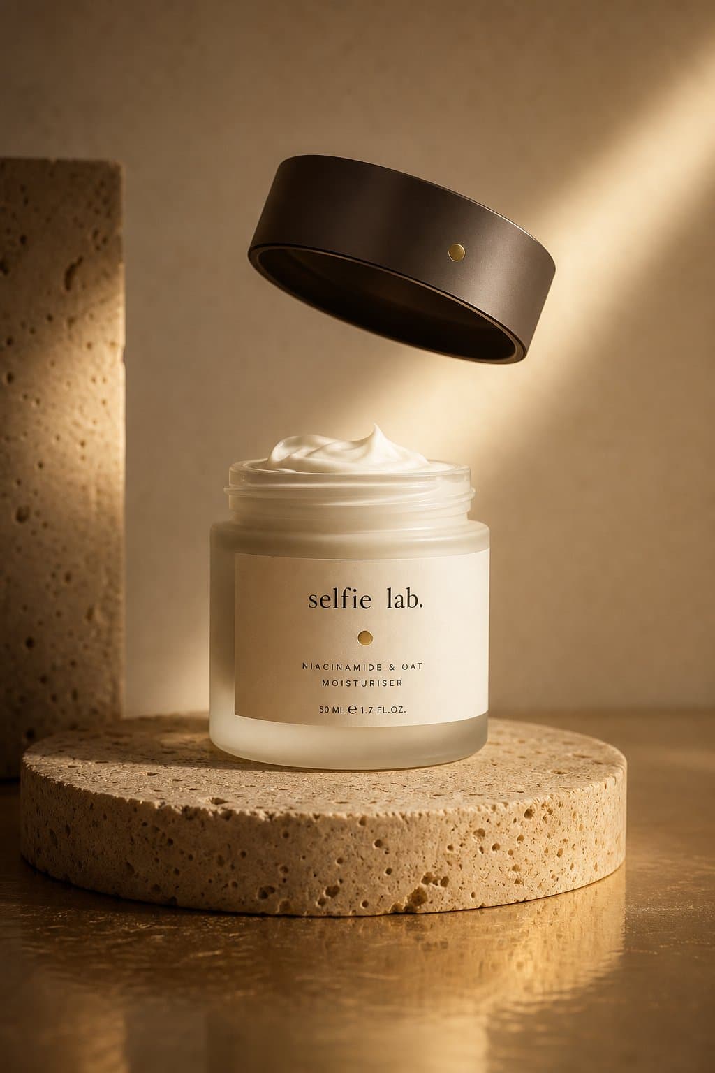 Selfie Lab moisturizer jar on a stone pedestal with floating lid