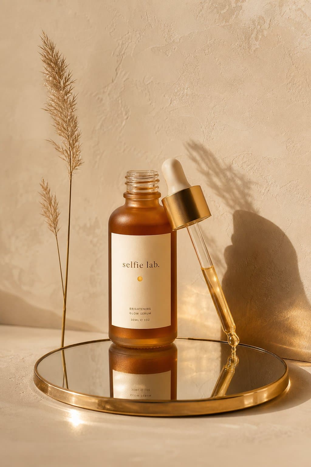 Selfie Lab serum bottle on a mirror disc in warm light
