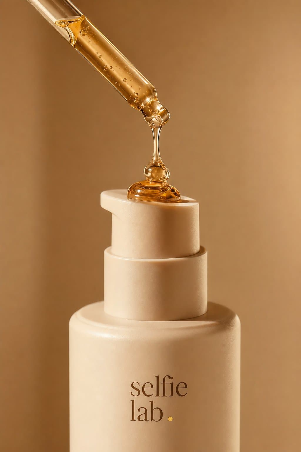 Golden serum dripping onto a Selfie Lab pump bottle